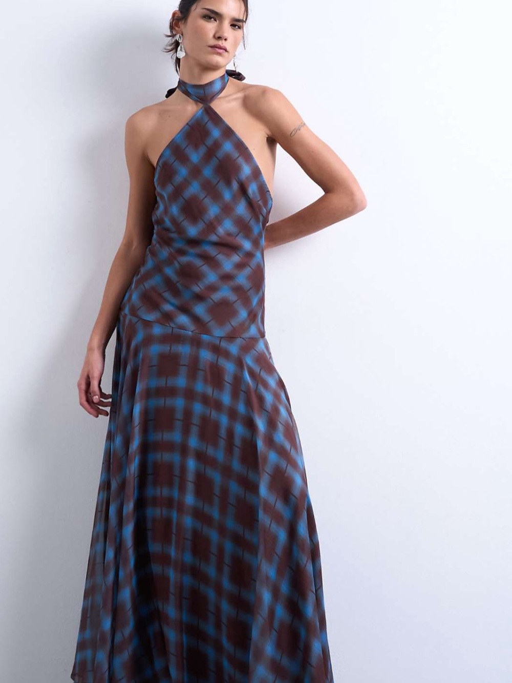 ASOS Blue and Brown Plaid Backless Halter Maxi Dress
